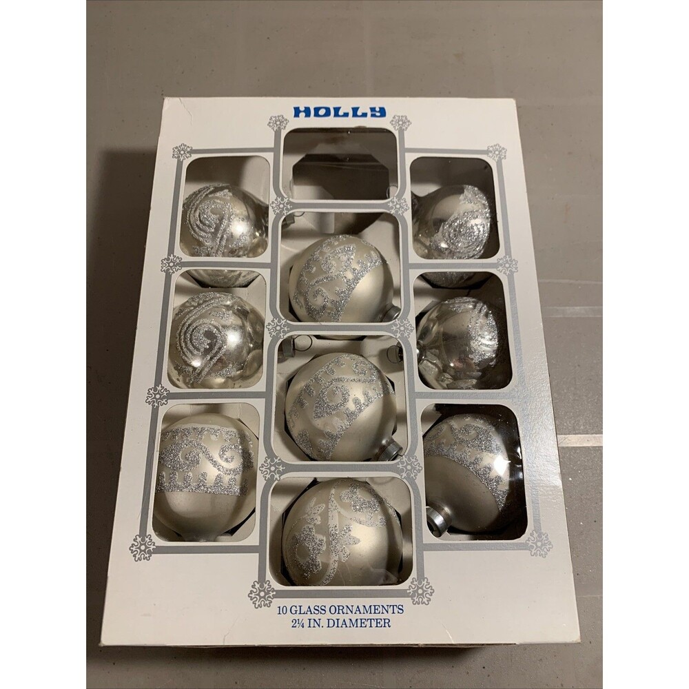 Vintage Holly Glass Ornaments 9 Christmas Tree White Silver Glitter USA